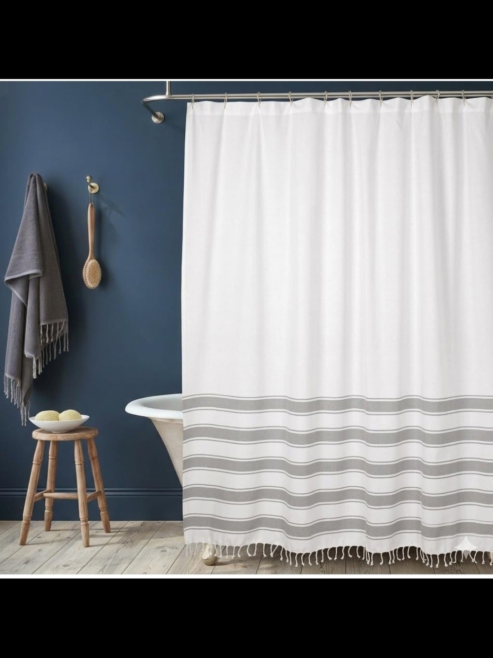 White and Gray Striped Recycled Cotton Shower Curtain with Boho Fringe
